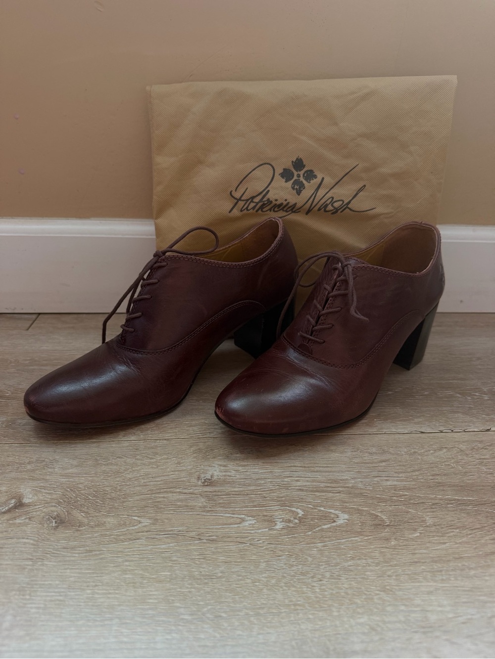 Patricia Nash Burgundy Leather Lace-Up Heeled Oxfords - Block Heel